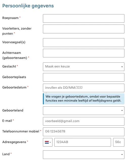 aantal velden sollicitatieformulier
